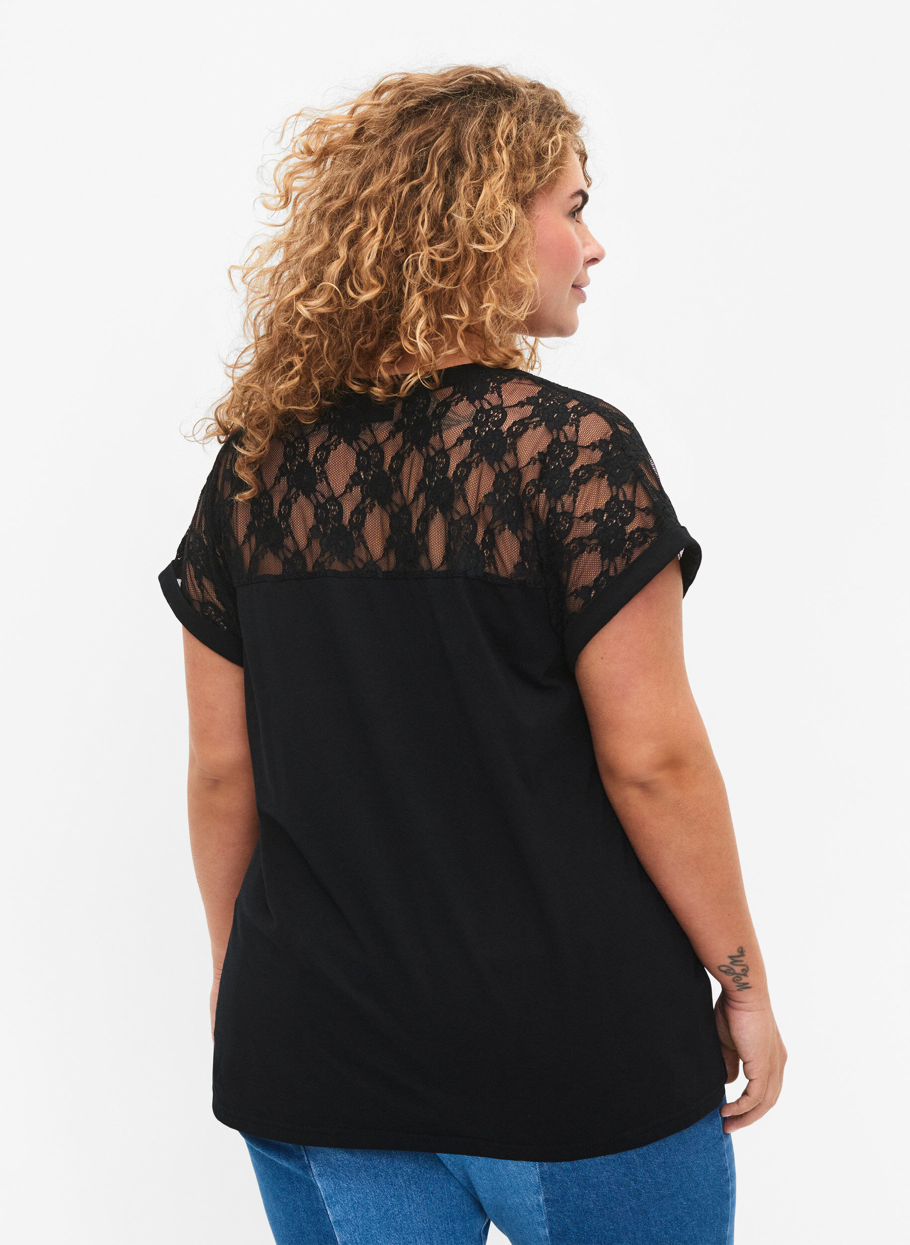 Zizzifashion Short-sleeved cotton t-shirt with lace, Black, Model image number 1