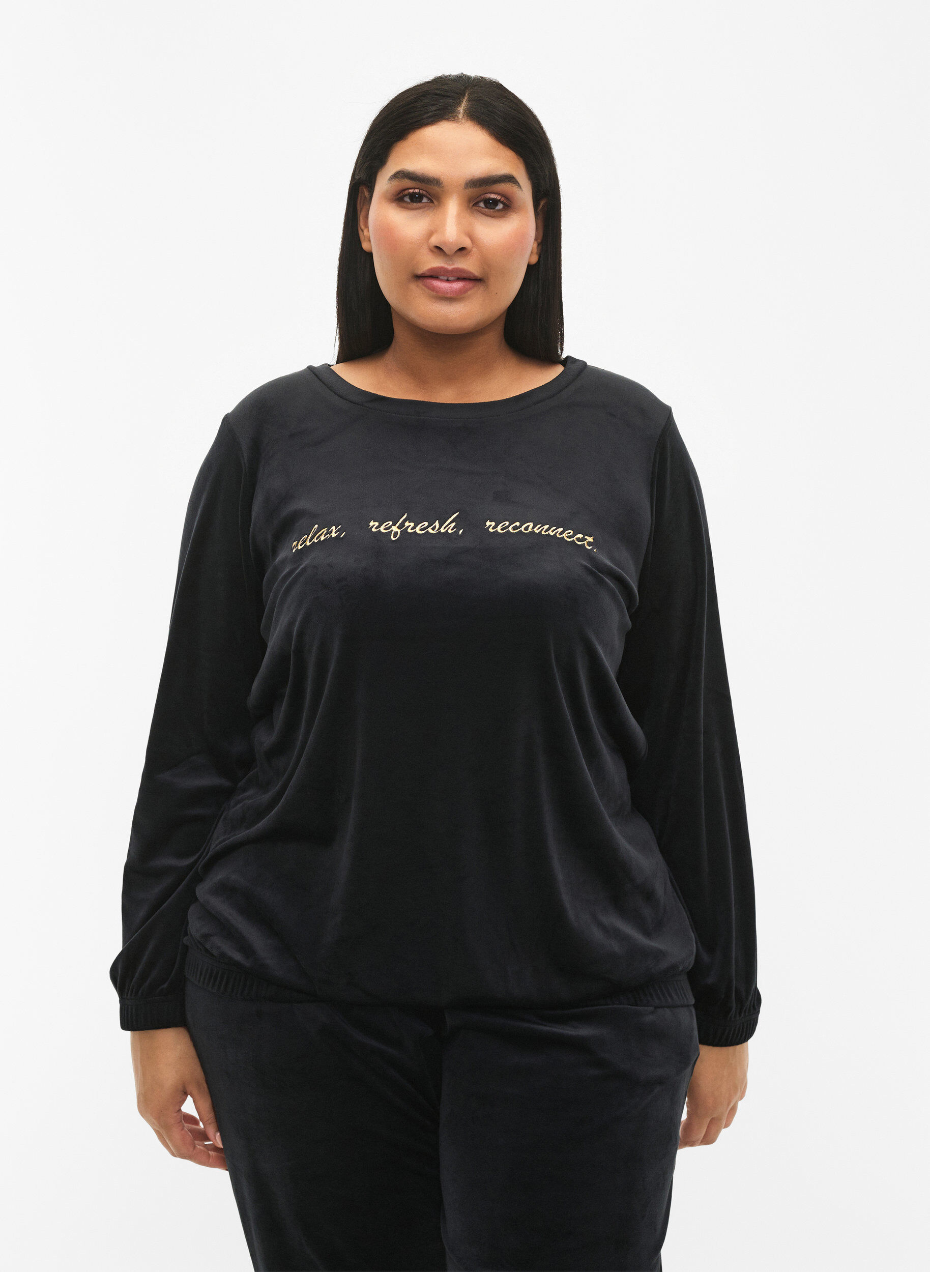 Zizzifashion Velour blouse with embroidered text, Black, Model image number 0