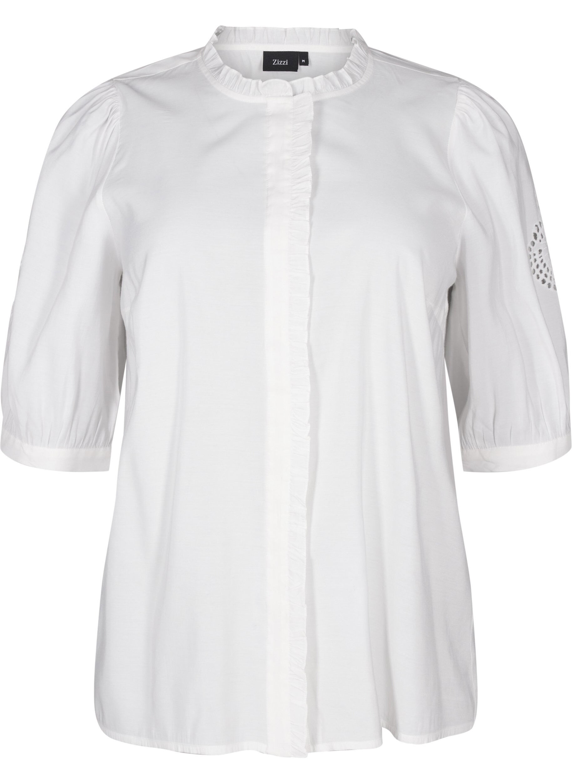 Zizzifashion Shirt blouse with ruffles and broderie anglaise, White, Packshot image number 0