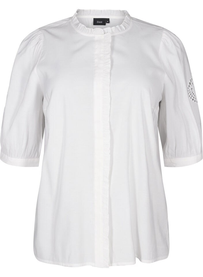 Shirt blouse with ruffles and broderie anglaise, White, Packshot image number 0