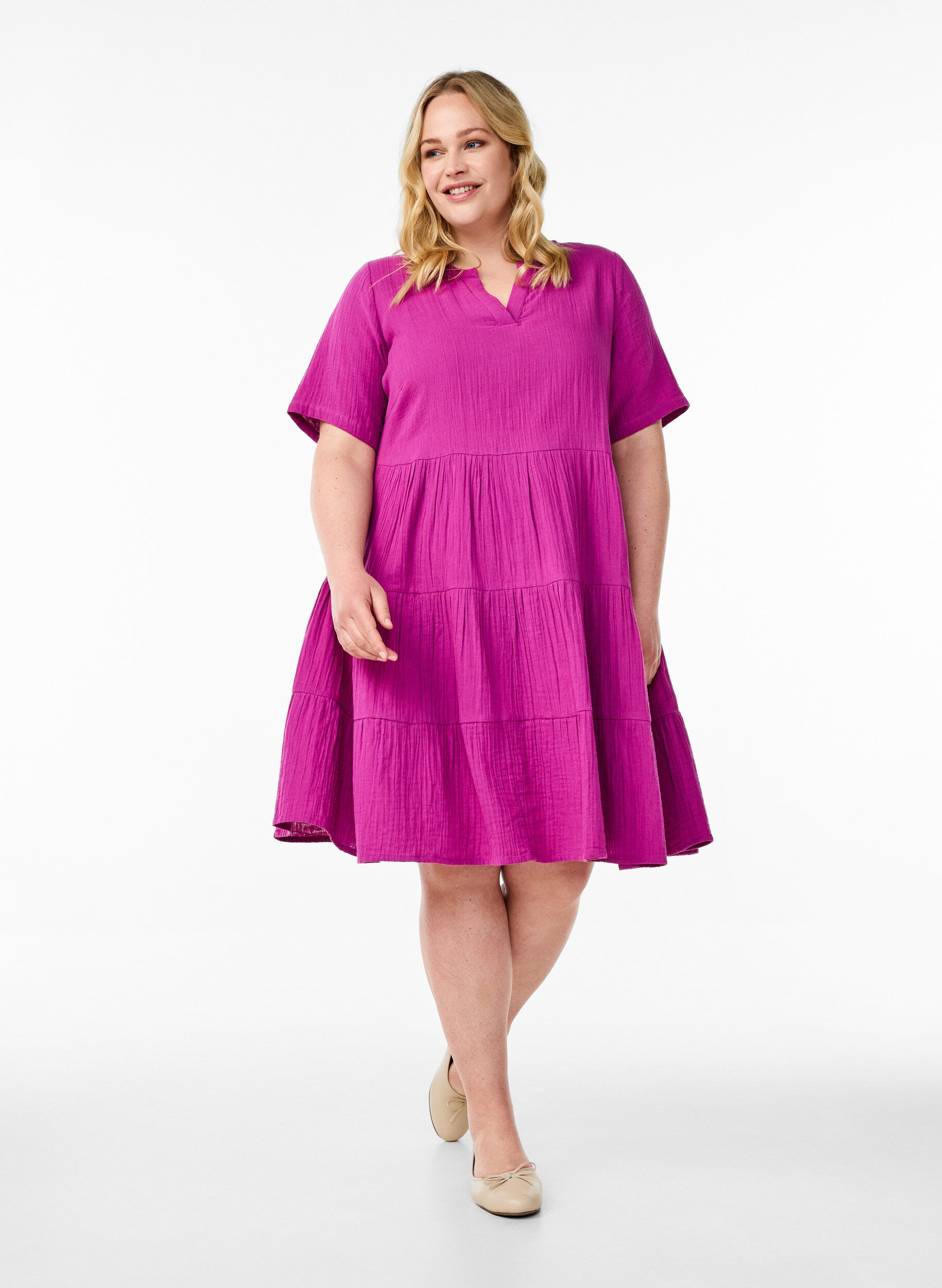 Zizzifashion Knee-length cotton muslin dress with an A-line cut, Purple, Model image number 1