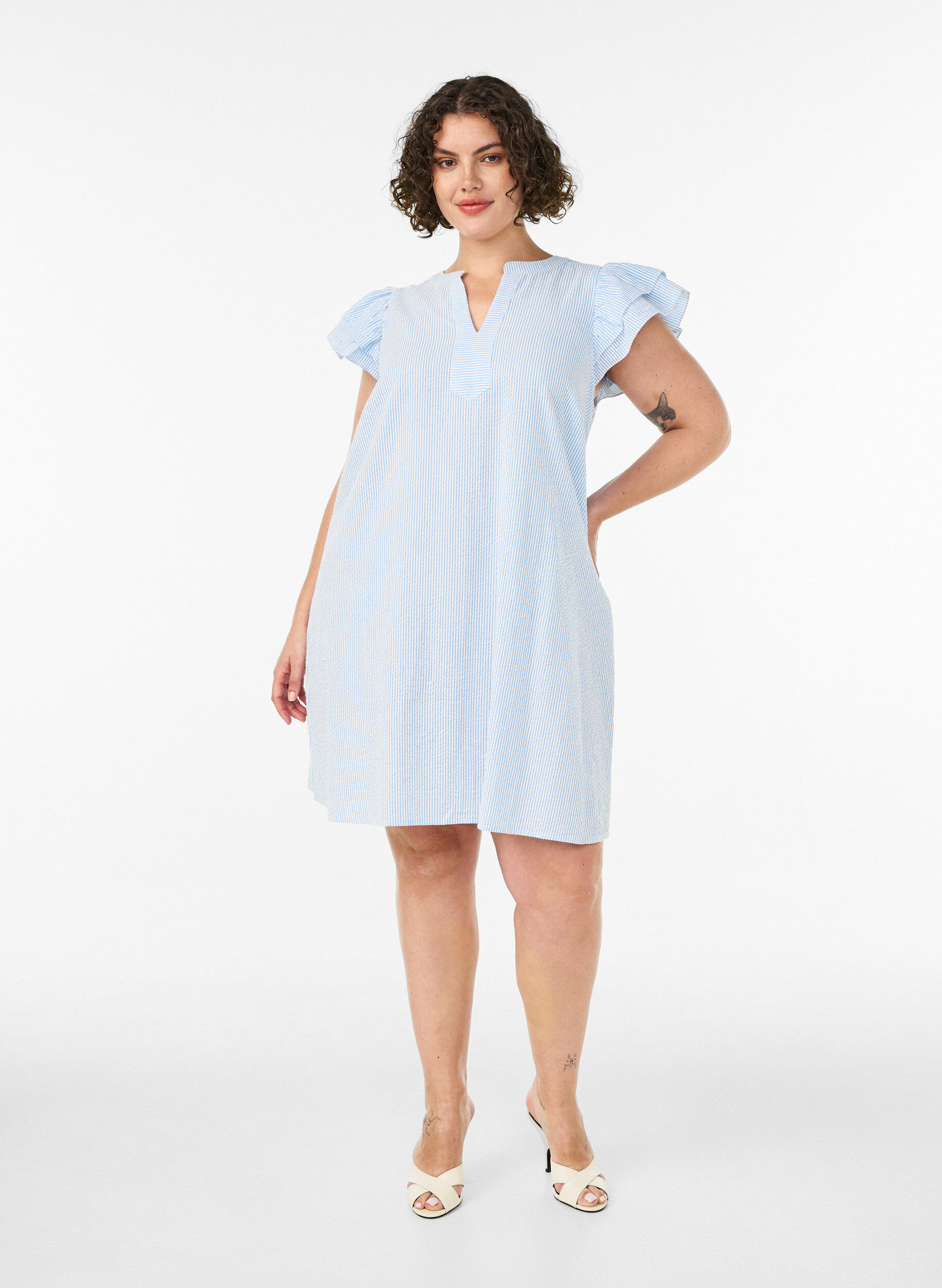 ZizzifashionStriped cotton dress with ruffles and an A-line fit, Light Blue, Model image number 1
