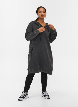 Loose, cotton hoodie sweatshirt dress with pockets, DARK GREY WASHED, Model image number 2