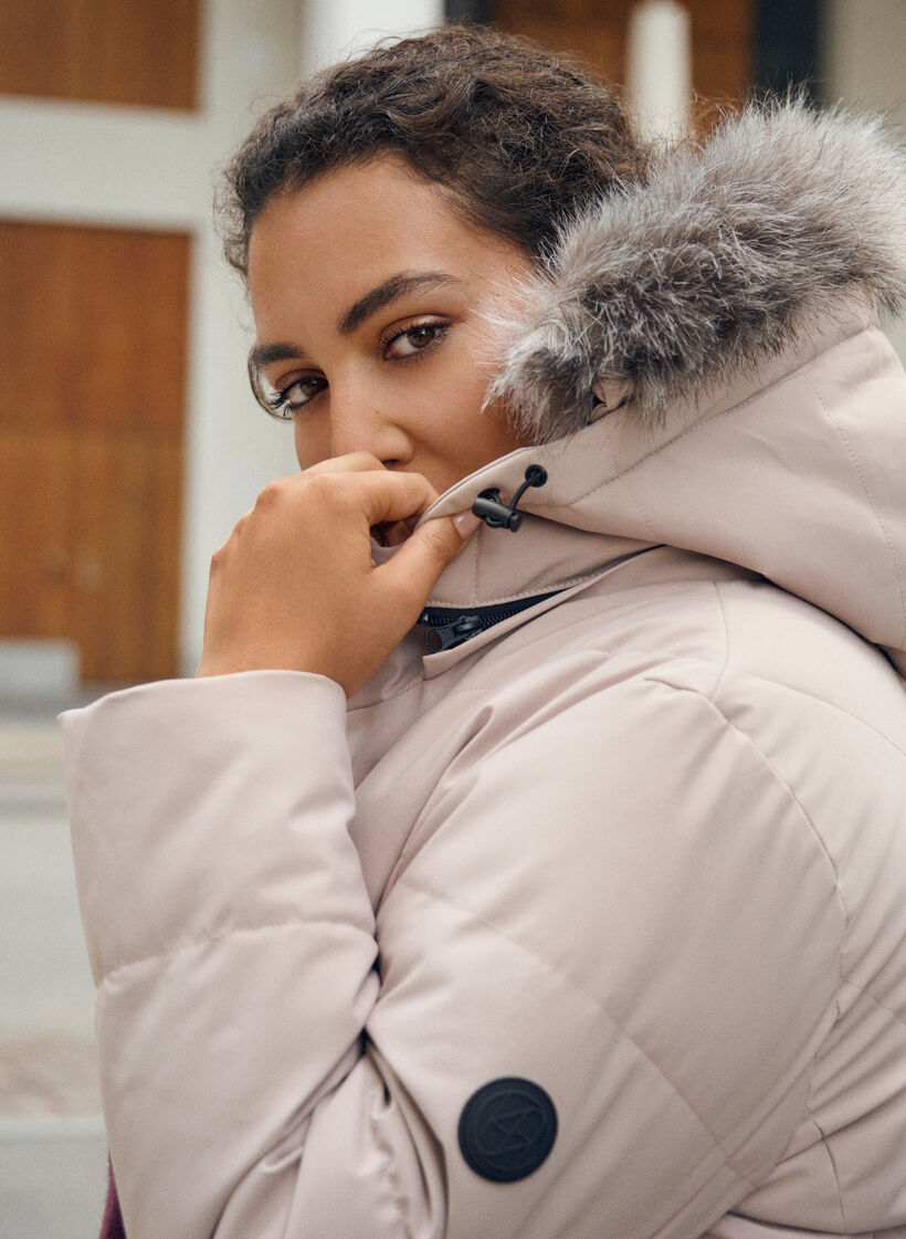 Long winter coat with hook fastenings and a faux fur collar, Beige, Image image number 0