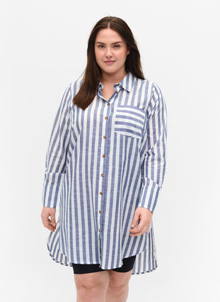 Long striped shirt in cotton, Blue Y/D, Model image number 0