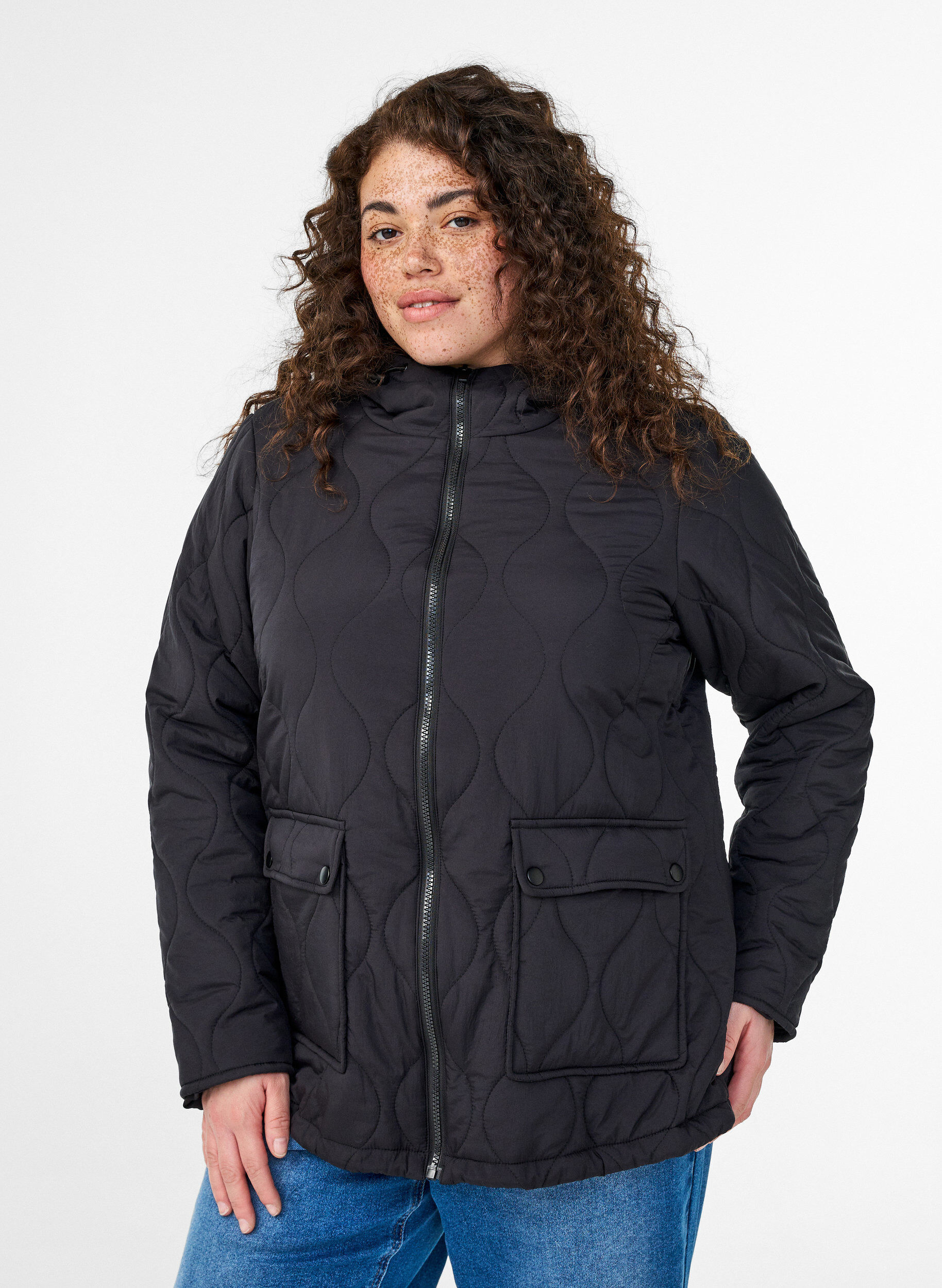 Quilted jacket with hood and pockets, Black, Model