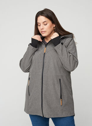 Softshell jacket with a hood and pockets, Medium Grey Melange, Model image number 0