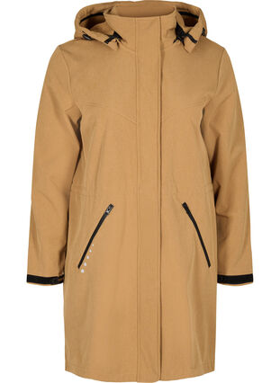 Long, hooded softshell jacket, Golden Brown Mel., Packshot image number 0