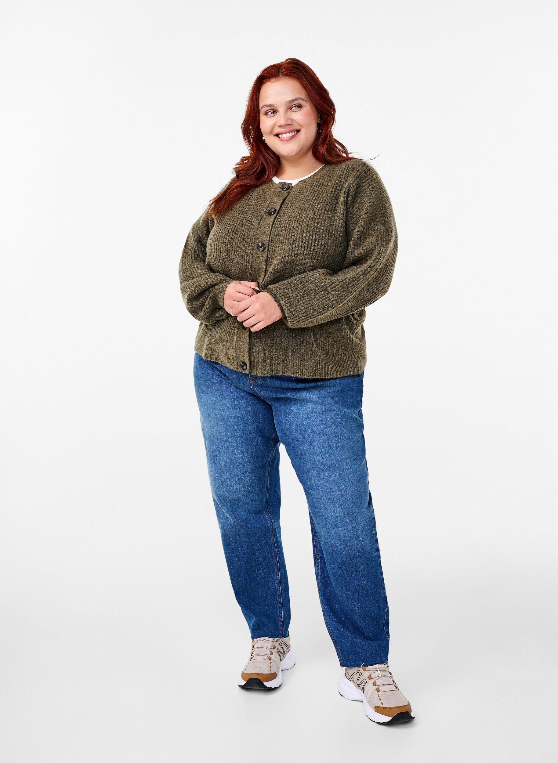 Zizzifashion Rib knit cardigan with buttons, Green, Model image number 1