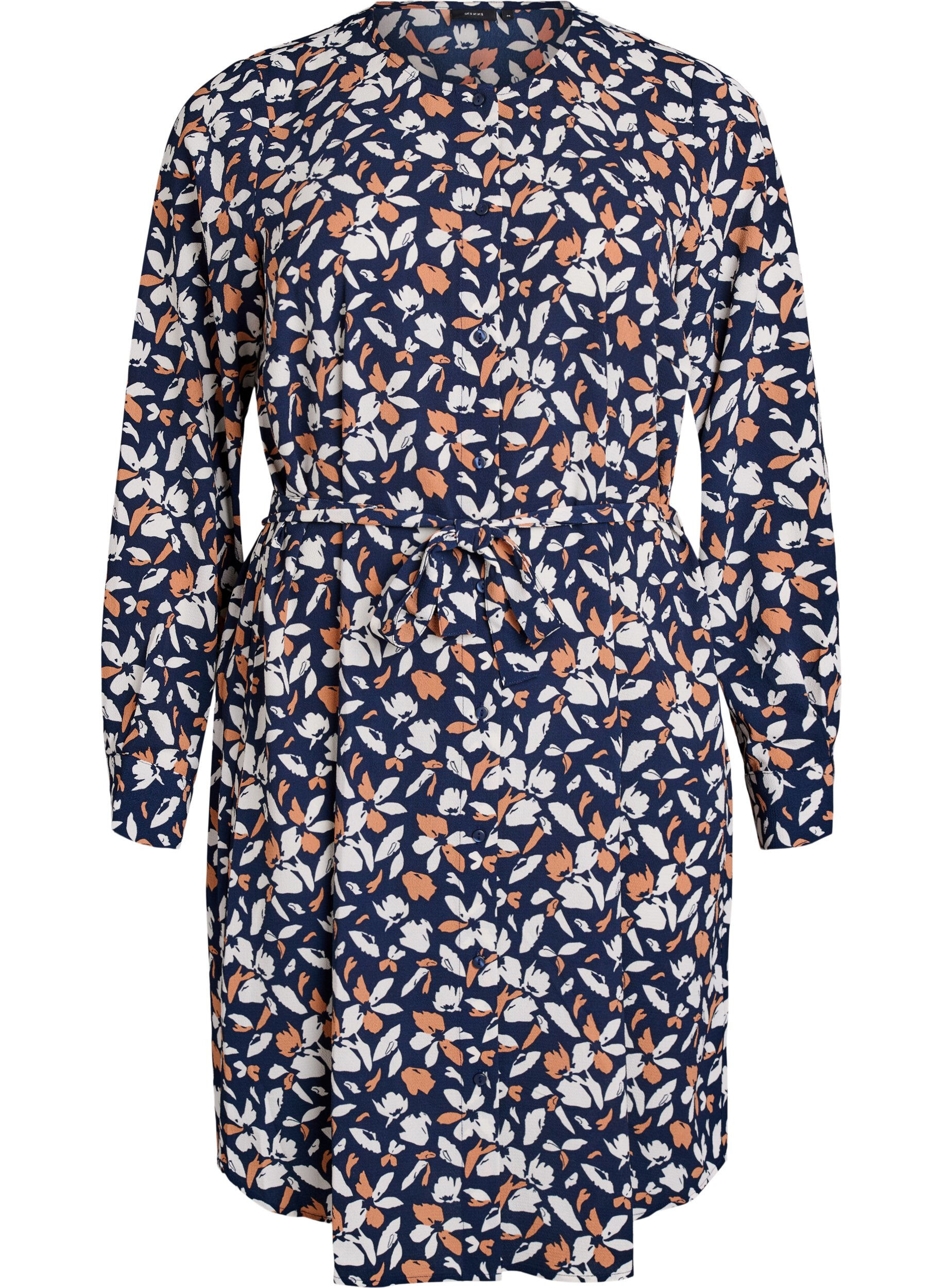 Long-sleeved shirt dress with tie belt