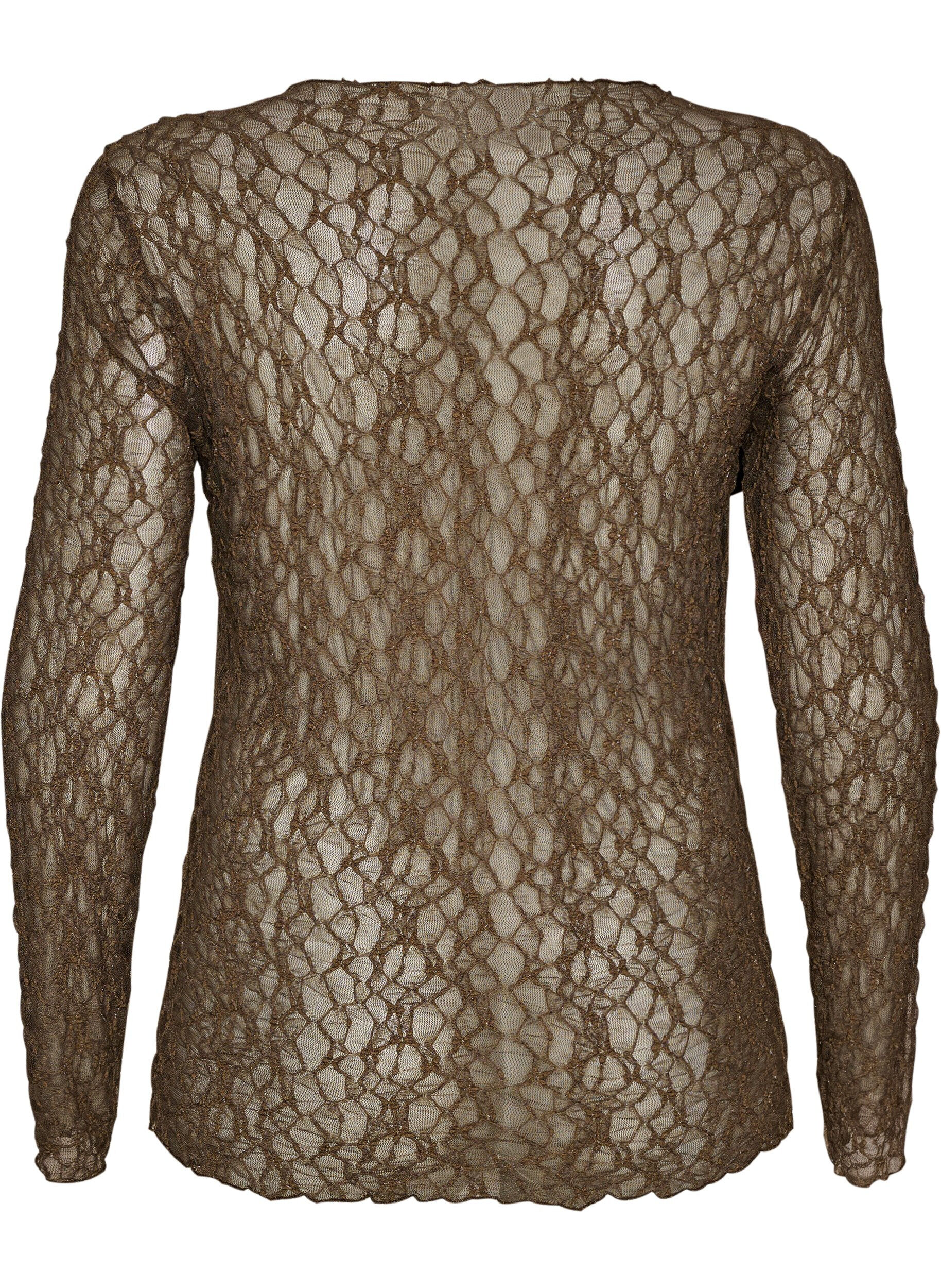 ZizzifashionMesh blouse with pattern and glitter thread, Brown, Packshot image number 1