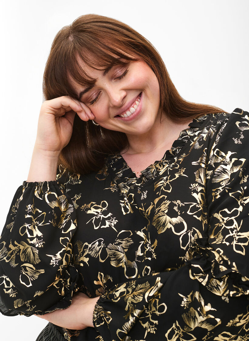 Long-sleeved blouse with frills and foil print, Black Foil AOP, Model image number 2