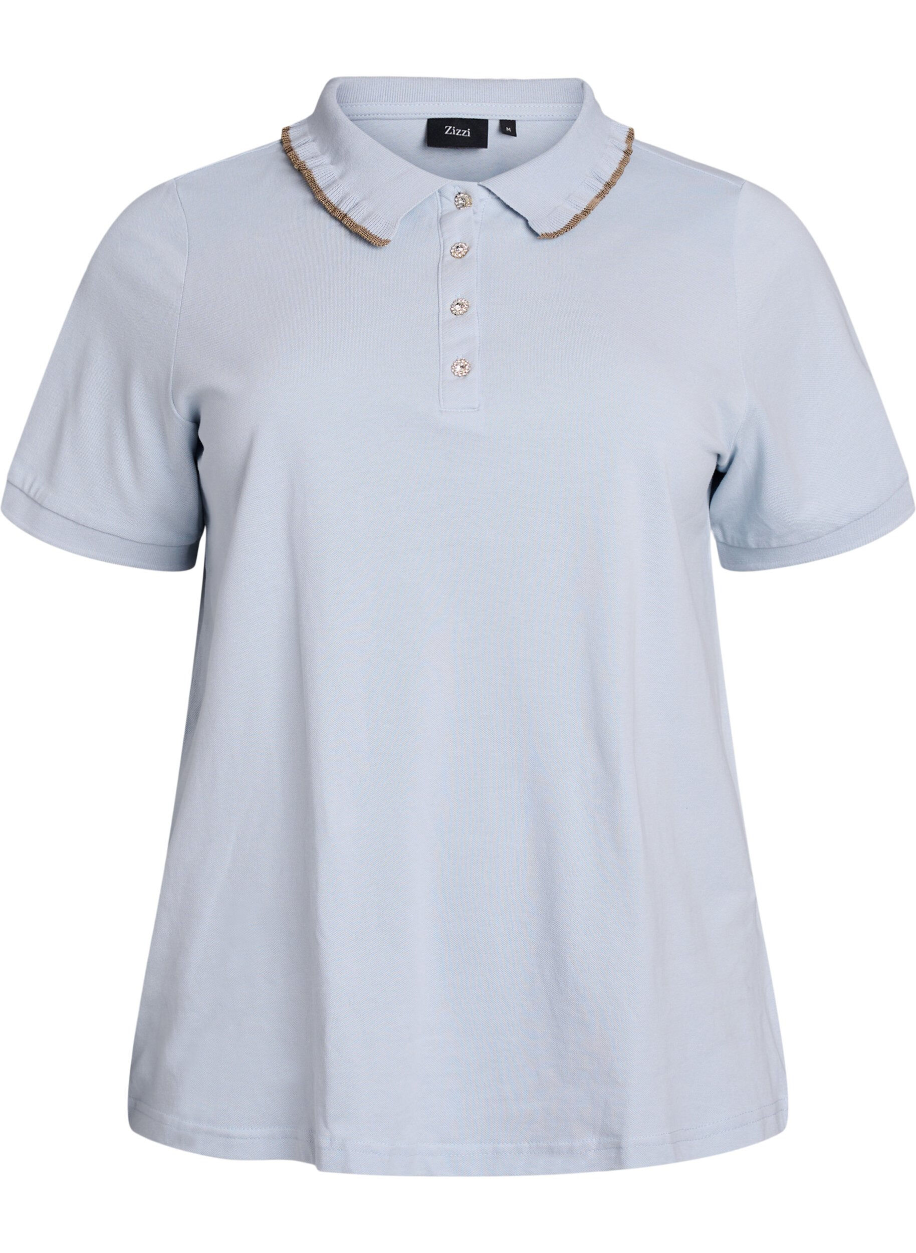 Polo shirt with rhinestone buttons and ruffle detail