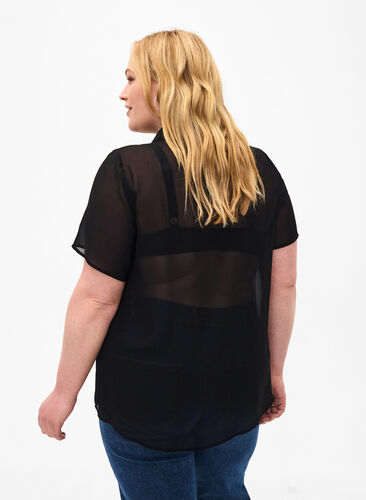 Short sleeve shirt blouse with ruffles, Black, Model image number 1