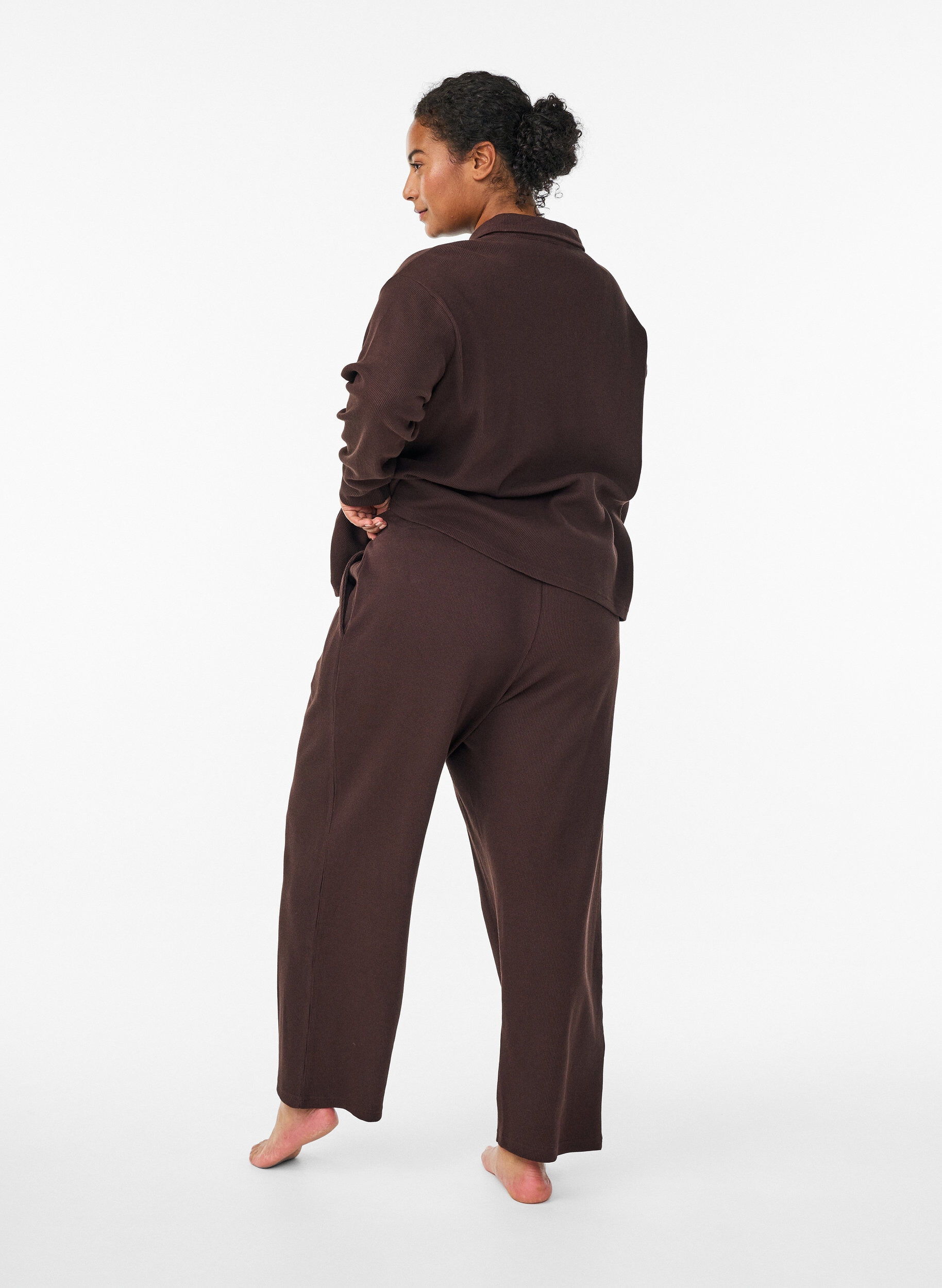 Zizzifashion Ribbed jersey trousers with a high waist, Brown, Model image number 1