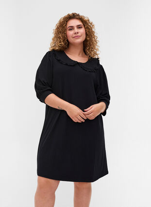 Tunic with 3/4 sleeves and ruffled collar, Black, Model image number 0
