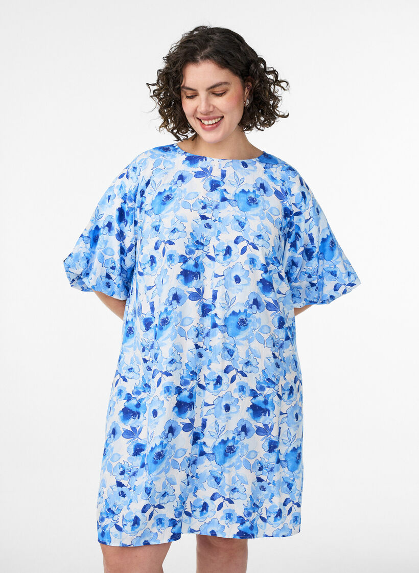 Short viscose dress with balloon sleeves, 9991, Model image number 0