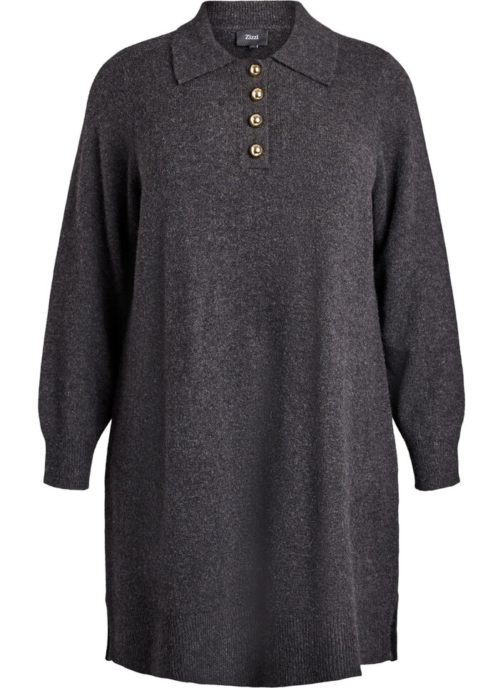 Short knit dress with polo collar and buttons, Dark Grey, Packshot image number 0