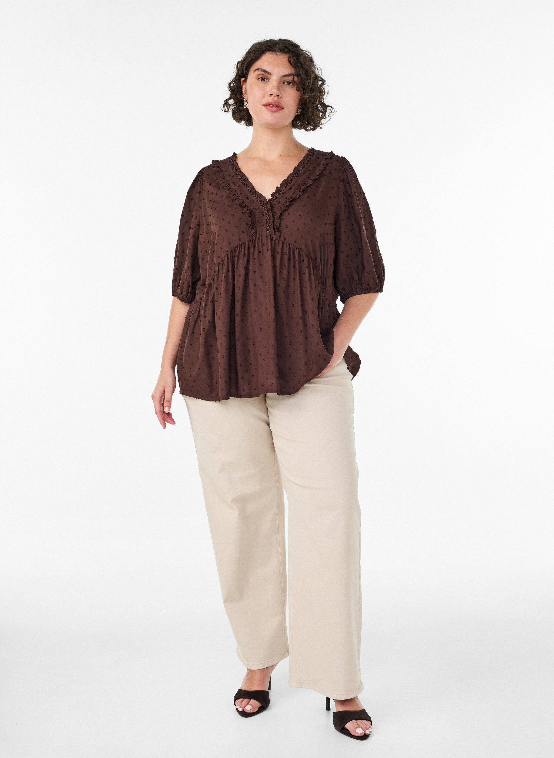 Zizzifashion Viscose blouse with a dotted texture and V-neck, Brown, Model image number 1