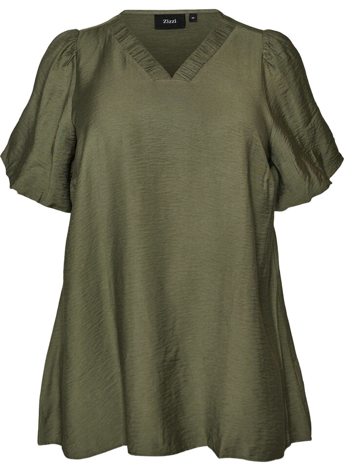 Tunic with balloon sleeves and a V-neck, Green, Packshot image number 0