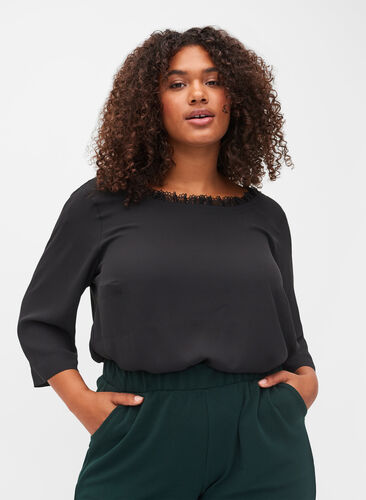 Top with 3/4 sleeves and lace back, Black, Model image number 0