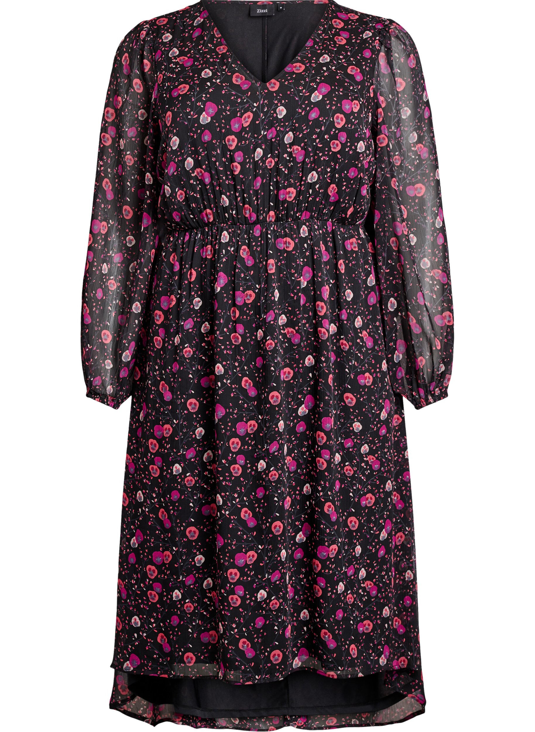 Chiffon dress with floral print and long sleeves