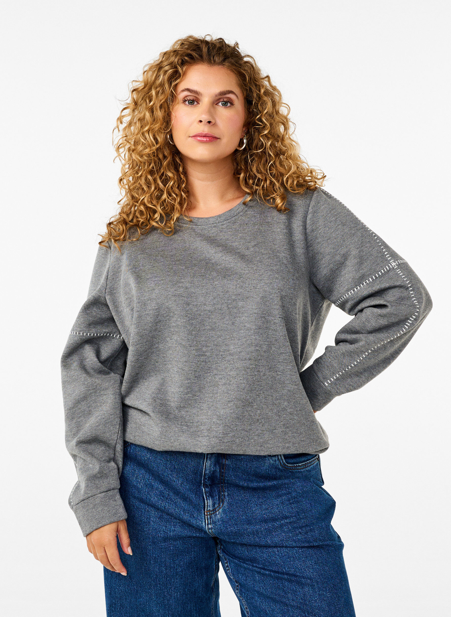 Zizzifashion Sweatshirt with contrast stitching, Medium Grey M&eacute;l, Model image number 0