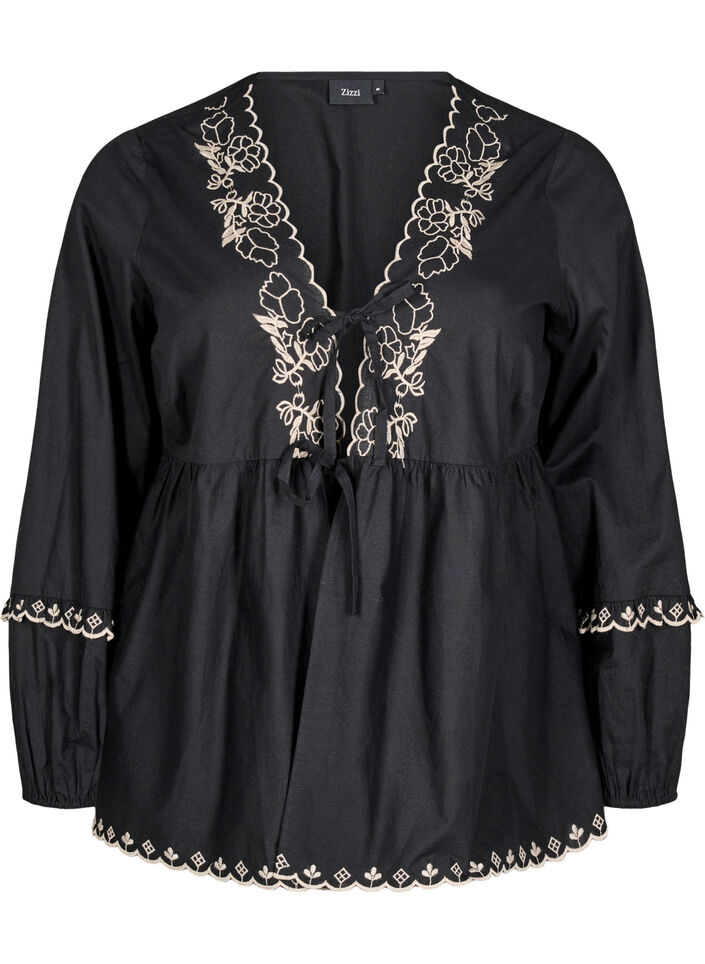 Blouse with open front and embroidered details, Black, Packshot image number 0