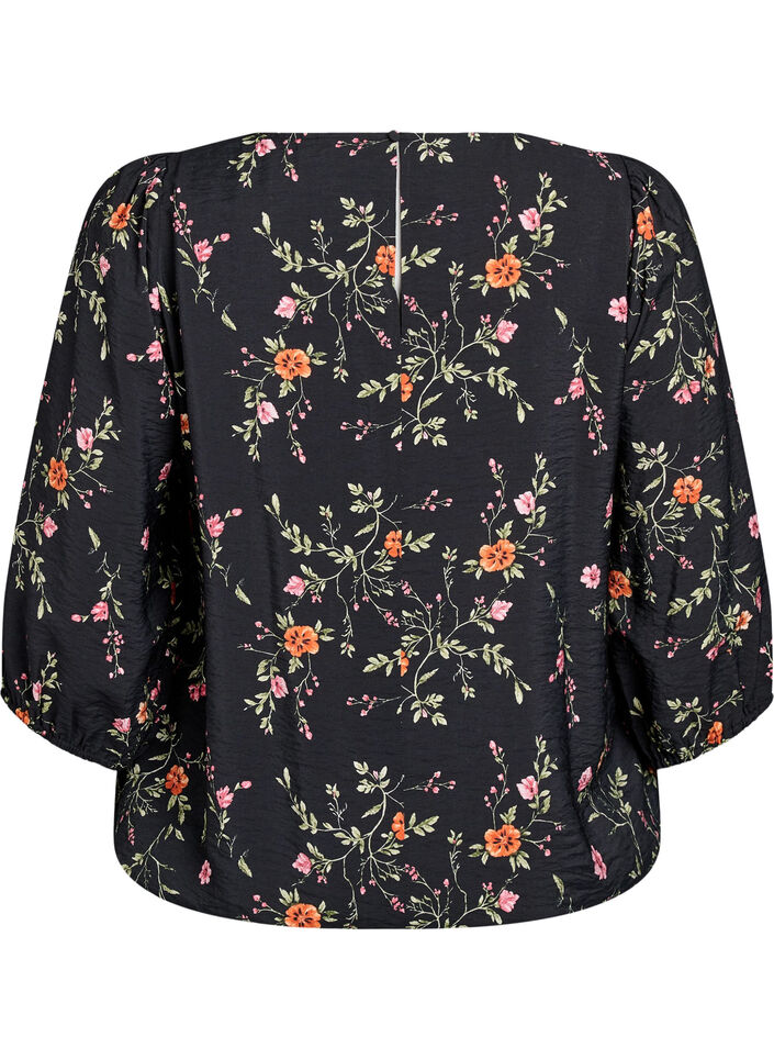 Blouse with 3/4 sleeves and lace details, Black, Packshot image number 1