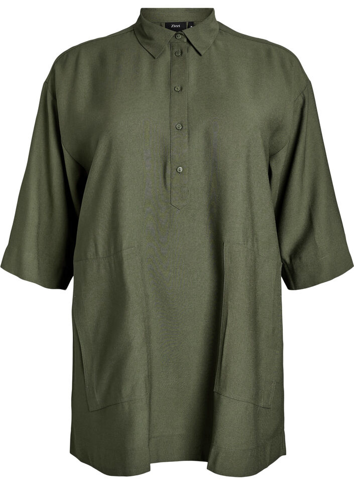 Tunic in viscose with pockets and collar, Green, Packshot image number 0