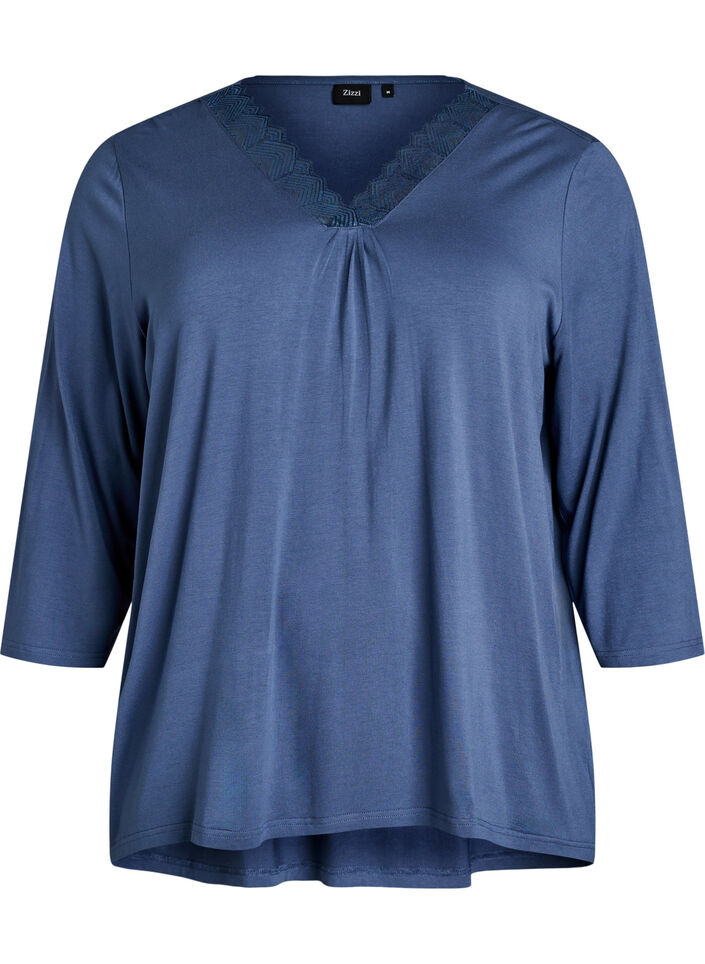 Pyjama top in viscose with lace detail and 3/4-sleeves, Blue, Packshot image number 0