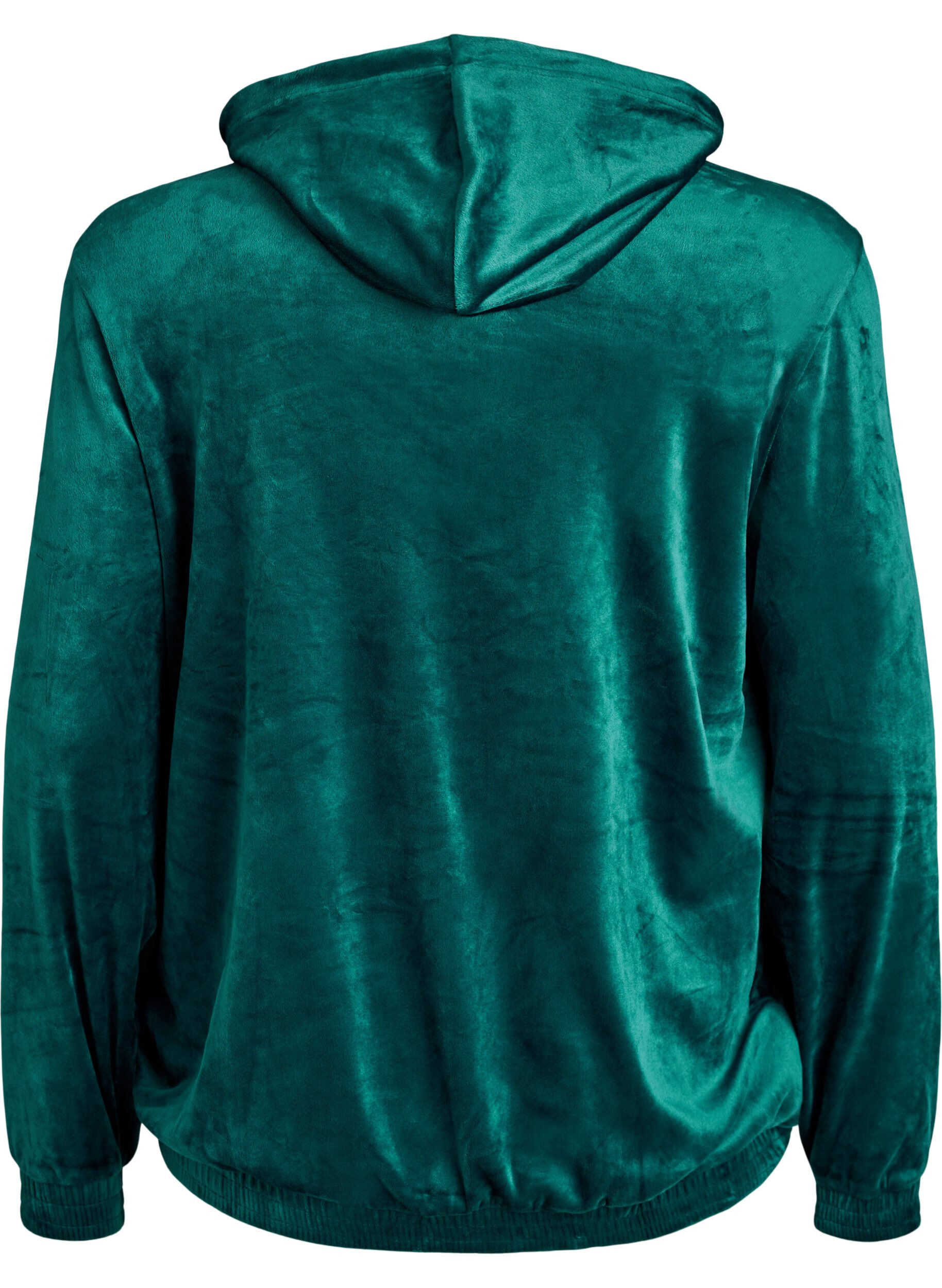 Zizzifashion Velour cardigan with zip and hood, Green, Packshot image number 1