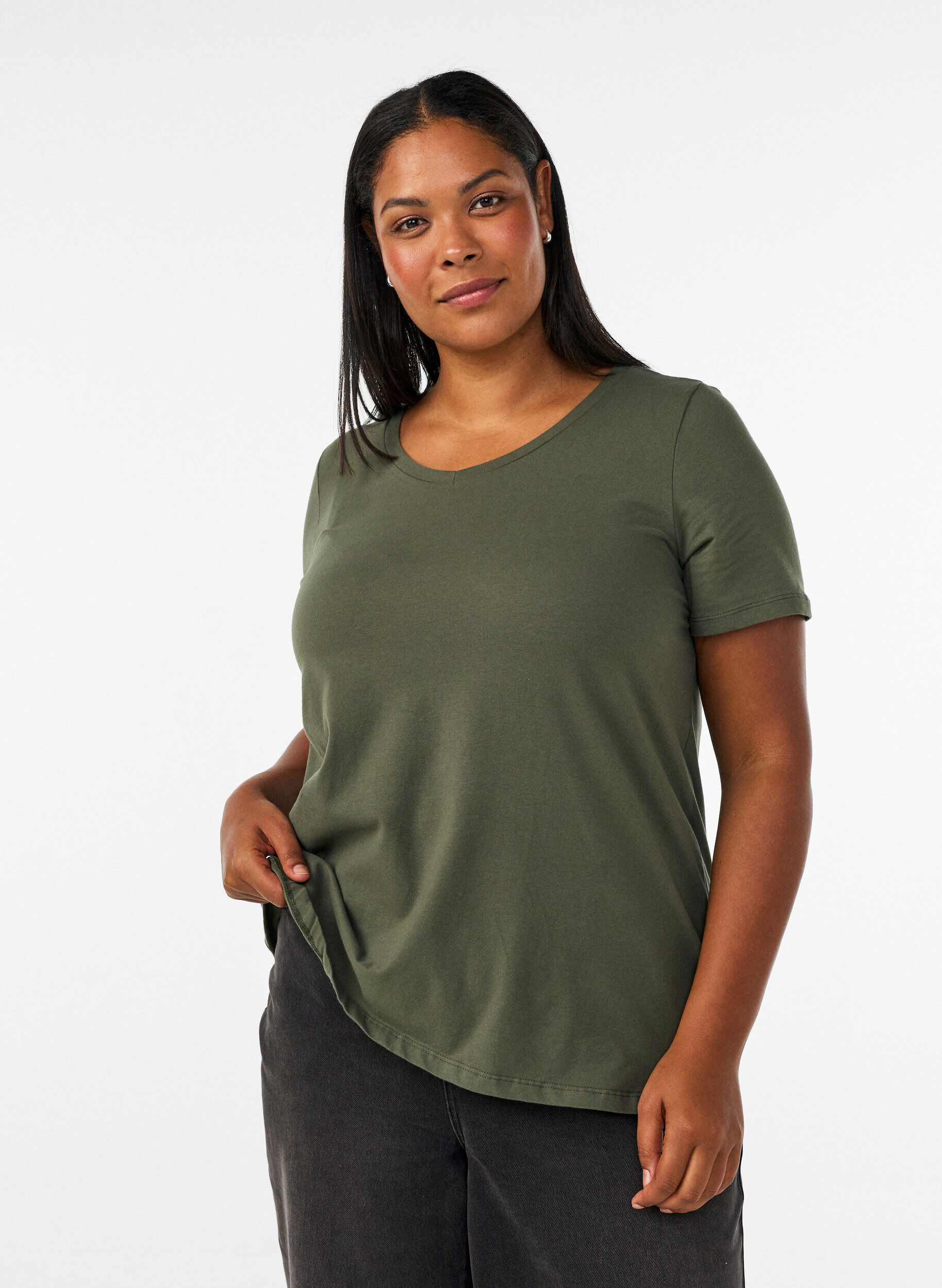 ZizzifashionSolid-coloured basic cotton T-shirt, Green, Model image number 0