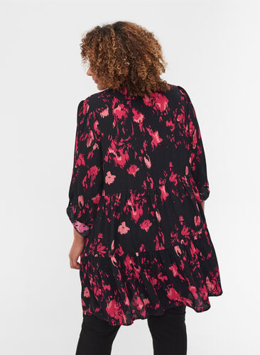 Long-sleeved, printed viscose tunic with zip, Black Pink AOP, Model image number 1