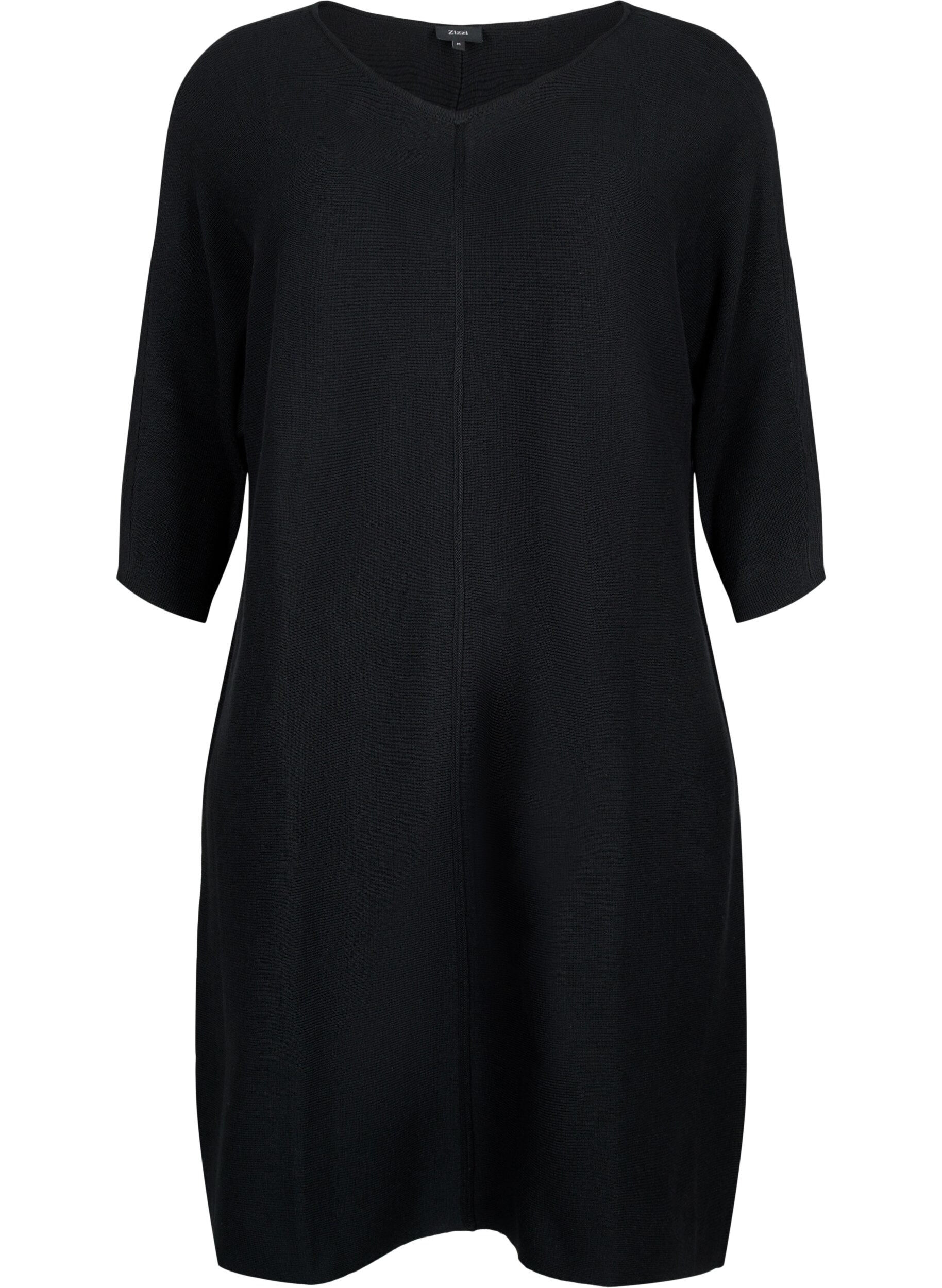 Zizzifashion Ribbed dress with 3/4 sleeves, Black, Packshot image number 0
