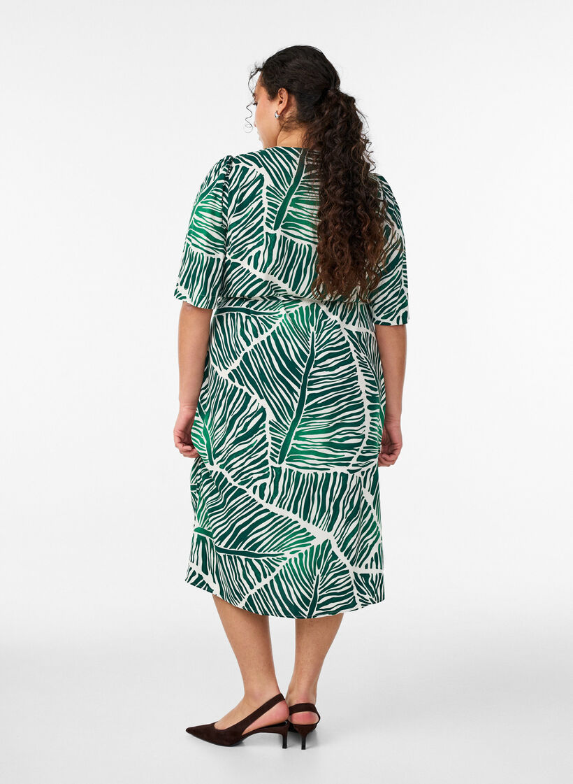 Midi dress with print and tie belt, Green, Model image number 1