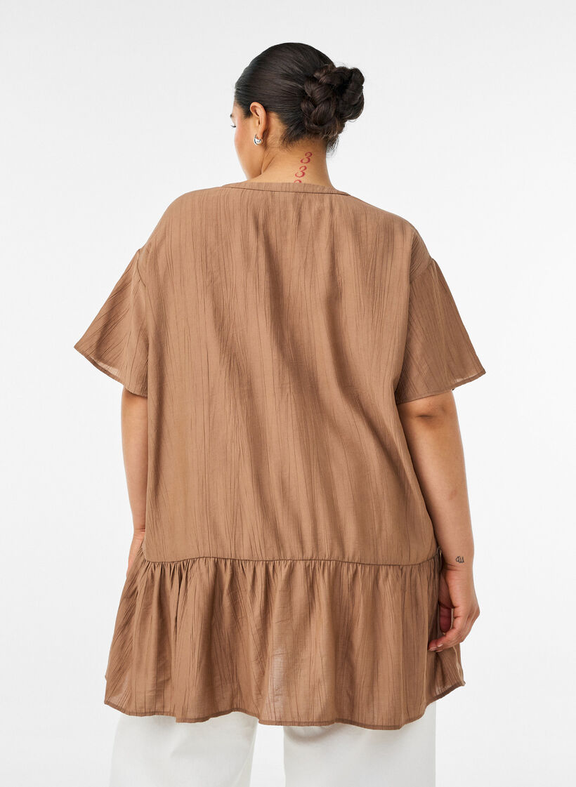 Loose tunic with crinkled texture and ruffle hem, Brown, Model image number 2