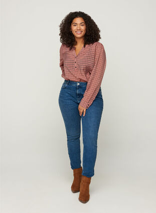 Checked blouse with buttons and puff sleeves, Rosa Check, Model image number 2