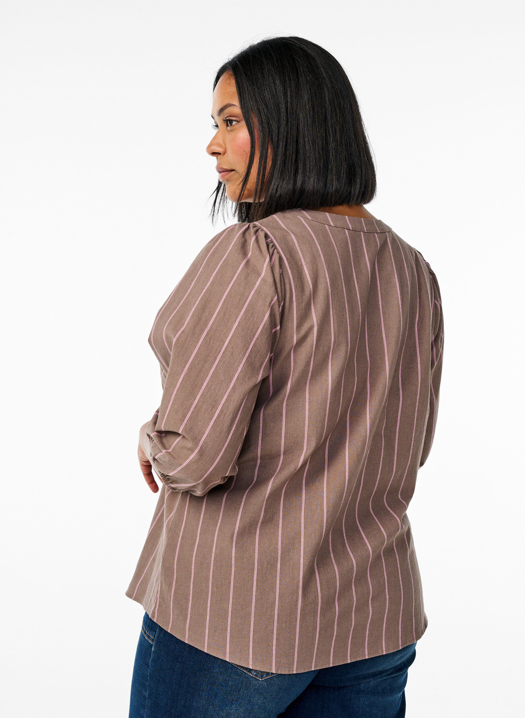 Zizzifashion 3/4 sleeve blouse in cotton with stripes, Brown, Model image number 2