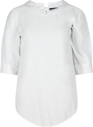 Tunic with 3/4-length sleeves and lace, Bright White, Packshot image number 0