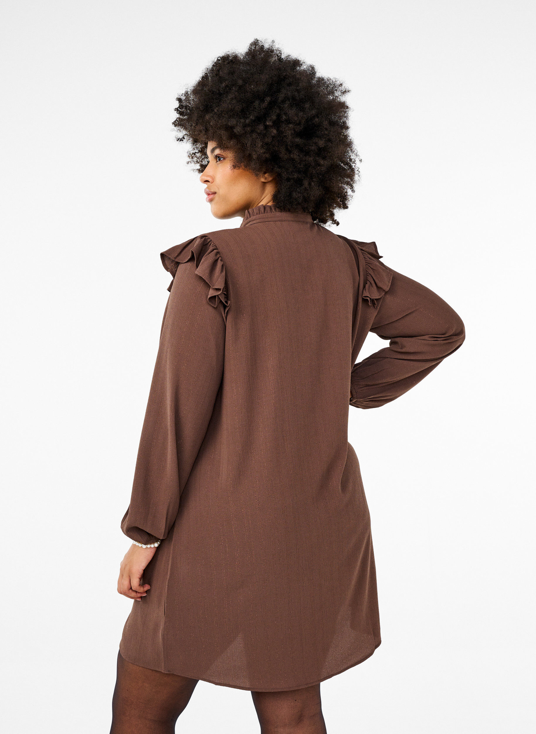 Zizzifashion Short dress with ruffles and glitter, Brown, Model image number 2