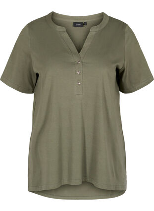 Cotton t-shirt with V-neck and buttons, Thyme, Packshot image number 0