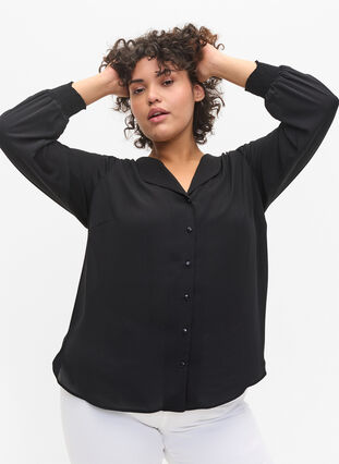 V-neck shirt with smock, Black, Model image number 2