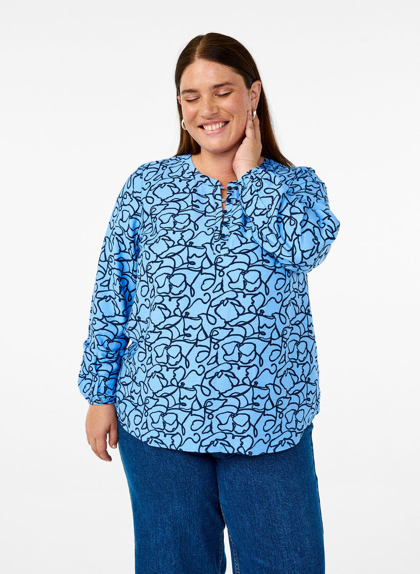 Long-sleeved blouse with pattern and buttons, Light Blue, Model image number 0