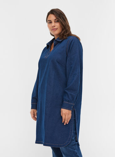 Denim dress with side slits and V-neck, Blue denim, Model image number 0