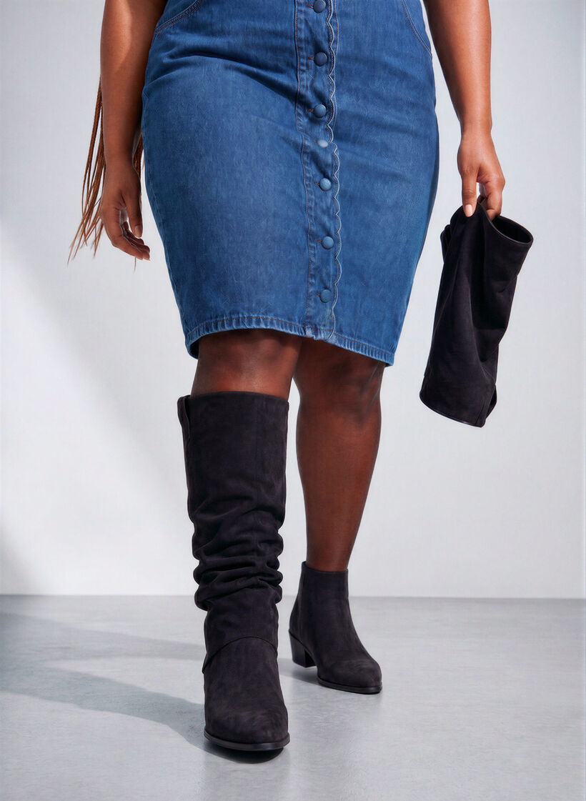 Long suede-look boot with a detachable shaft, Black, Image image number 0