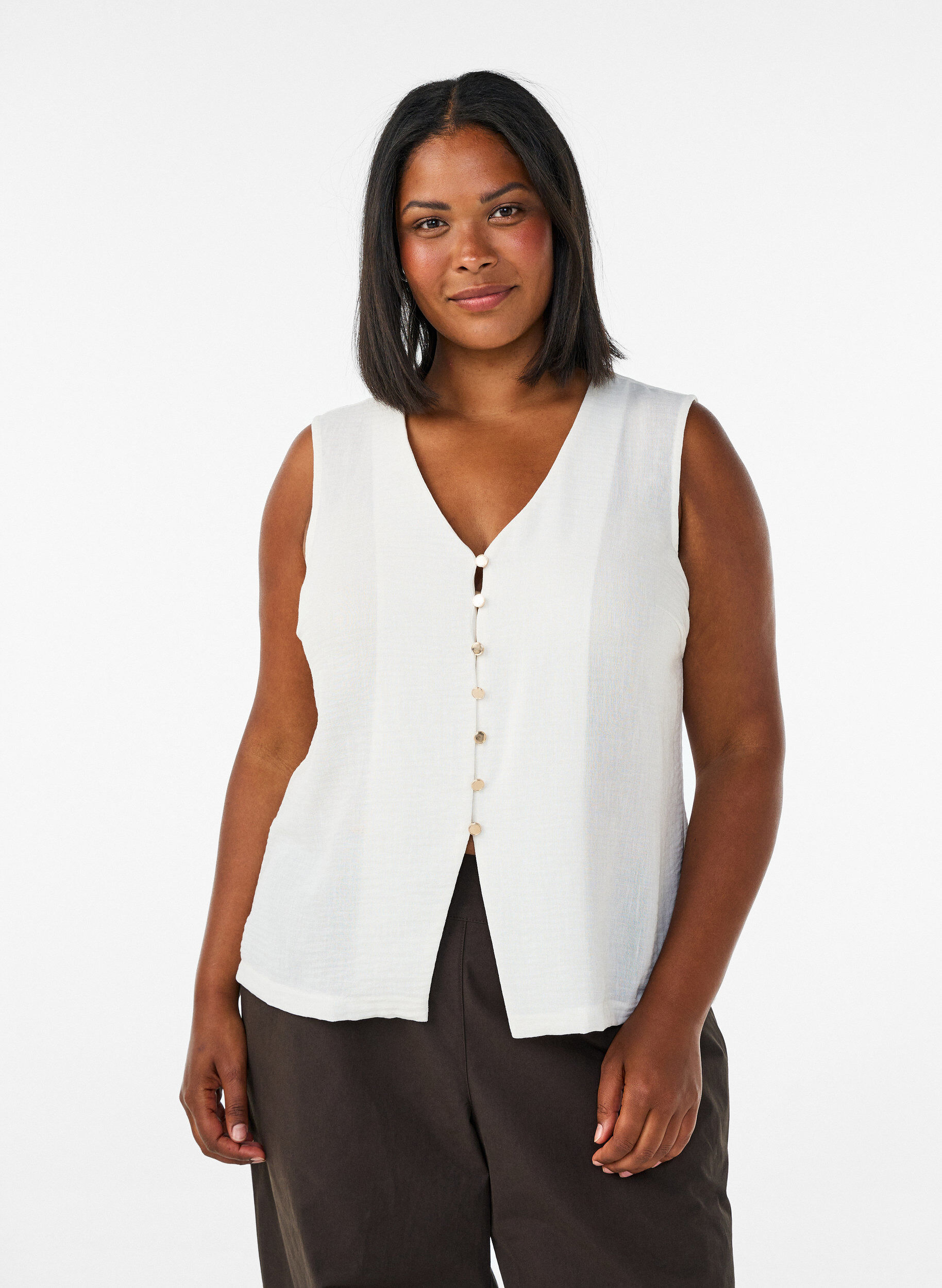 Sleeveless vest with a V-neck and buttons, Vanilla, Model