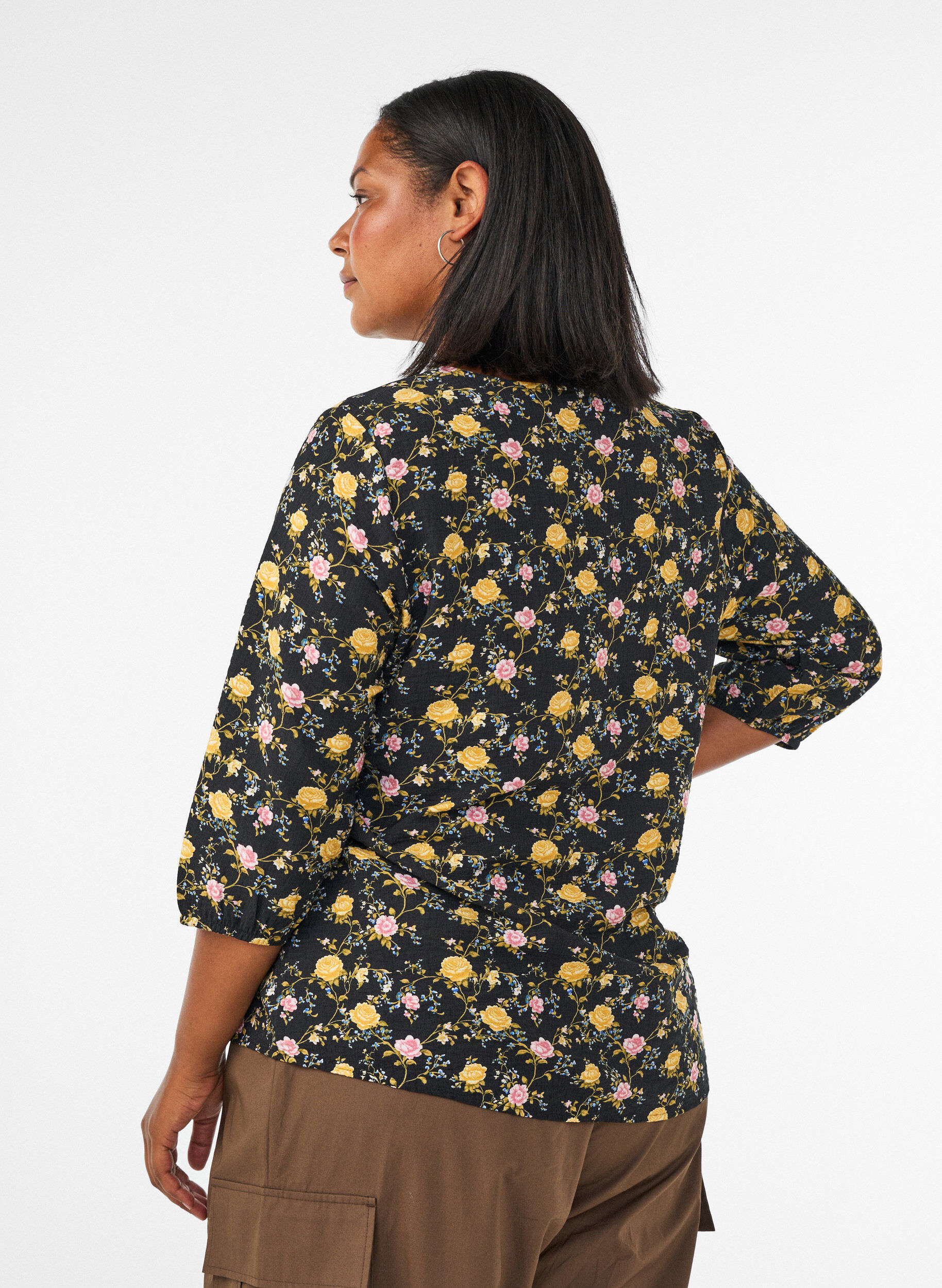 ZizzifashionPatterned viscose blouse with 3/4-sleeves, Black, Model image number 2
