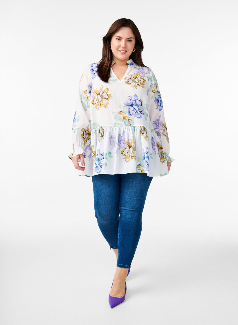 Pleated tunic with long sleeves and floral print, White, Model image number 1