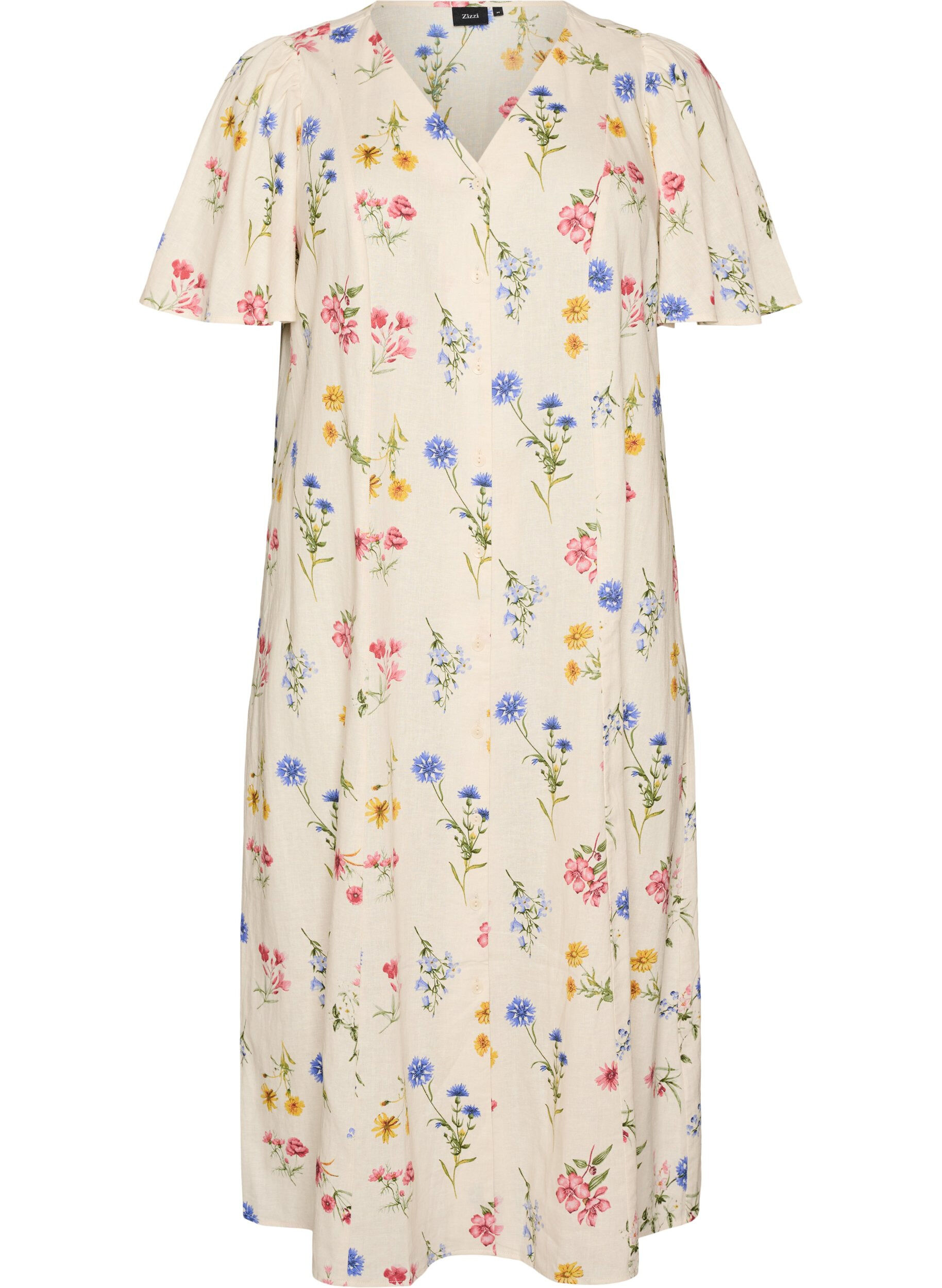 Midi dress in linen and viscose with ruffle sleeves